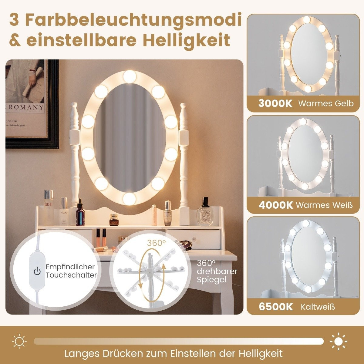 Dressing table with LED lighting adjustable brightness dressing tab...