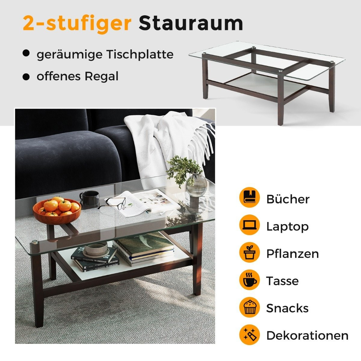 Glass coffee table 2-tier side table with storage space 107 cm long...