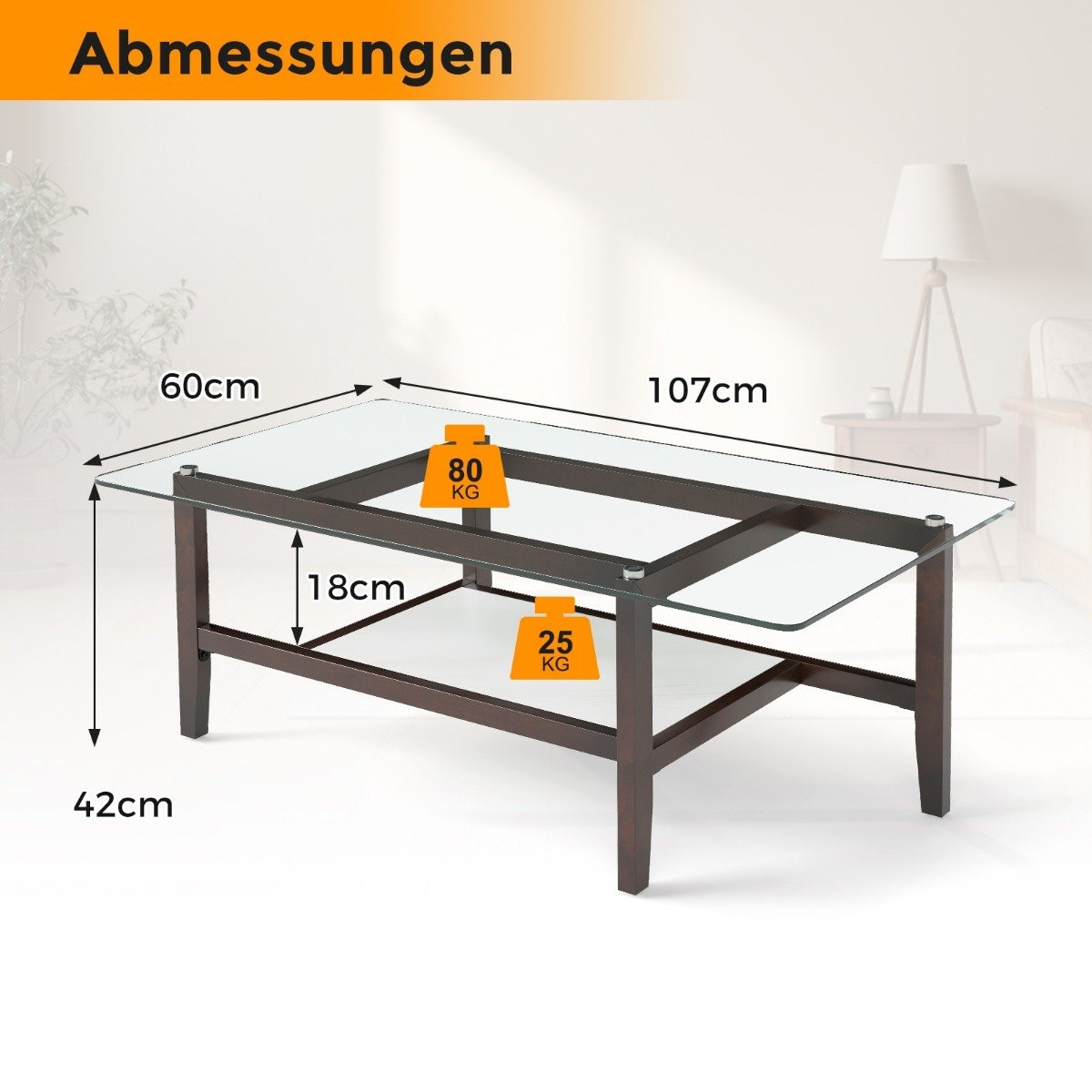 Glass coffee table 2-tier side table with storage space 107 cm long...