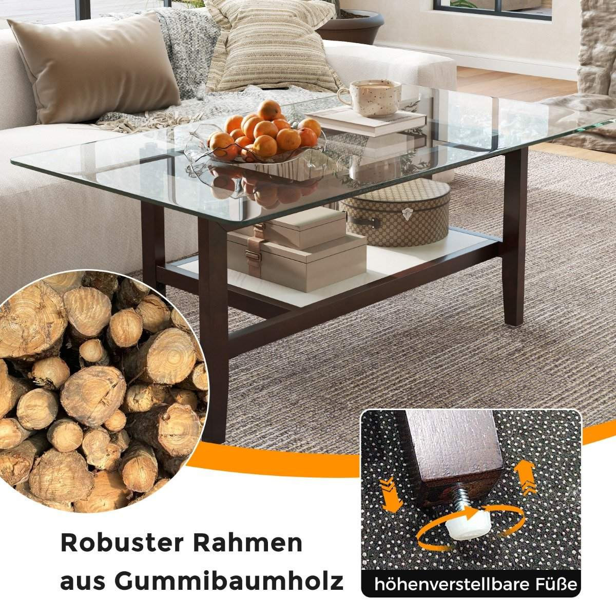 Glass coffee table 2-tier side table with storage space 107 cm long...