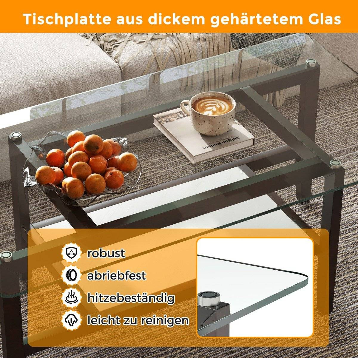 Glass coffee table 2-tier side table with storage space 107 cm long...