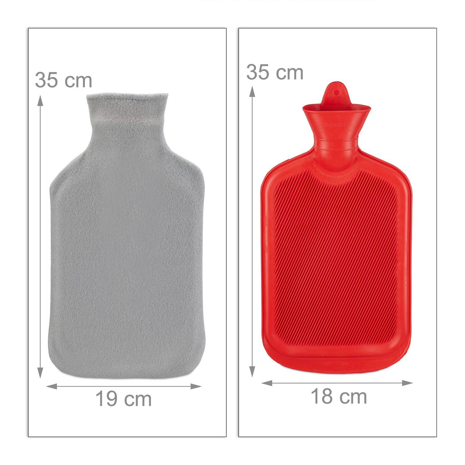 Rote Wärmflasche mit grauem Bezug