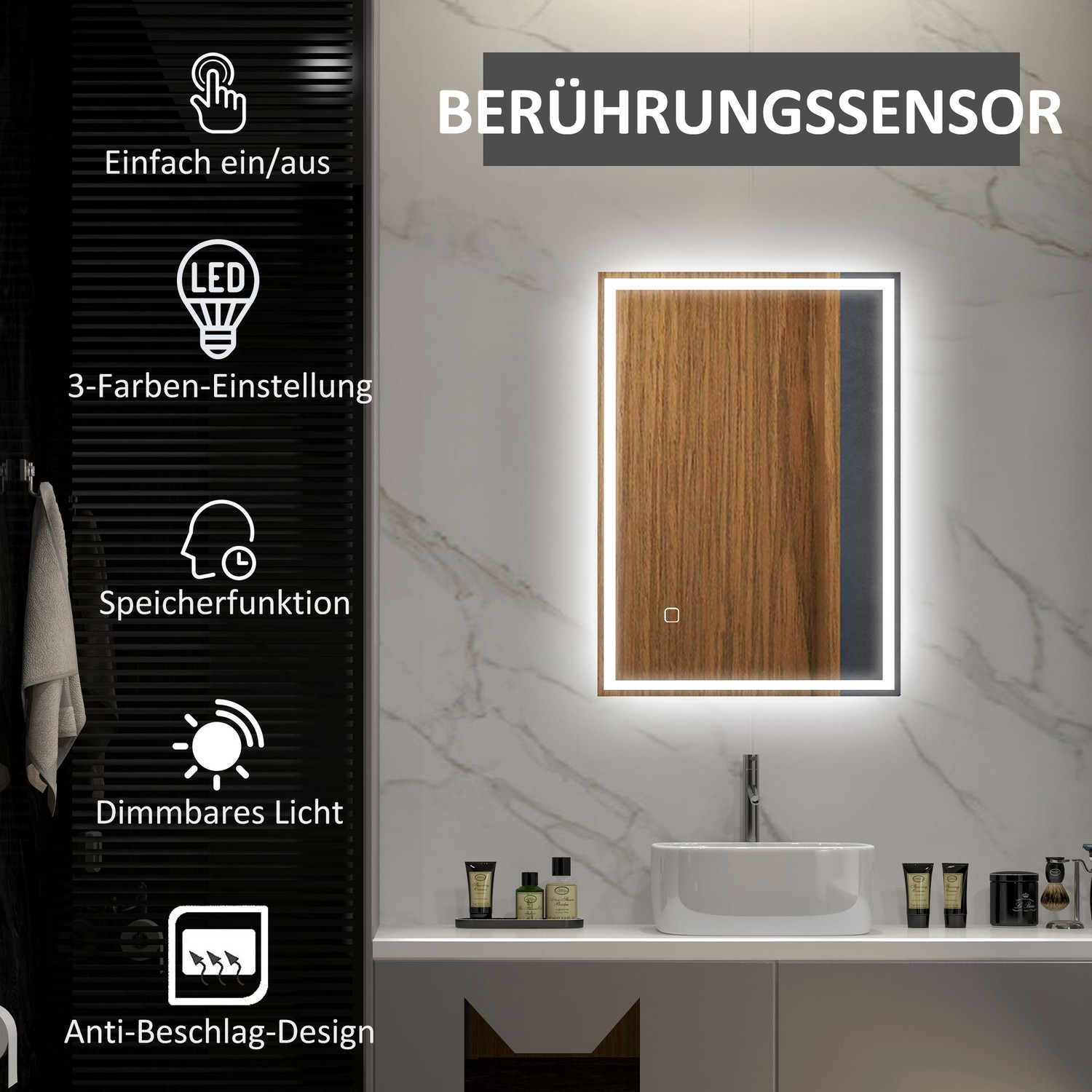 Bathroom mirror, wall mirror, LED, touch switch, white