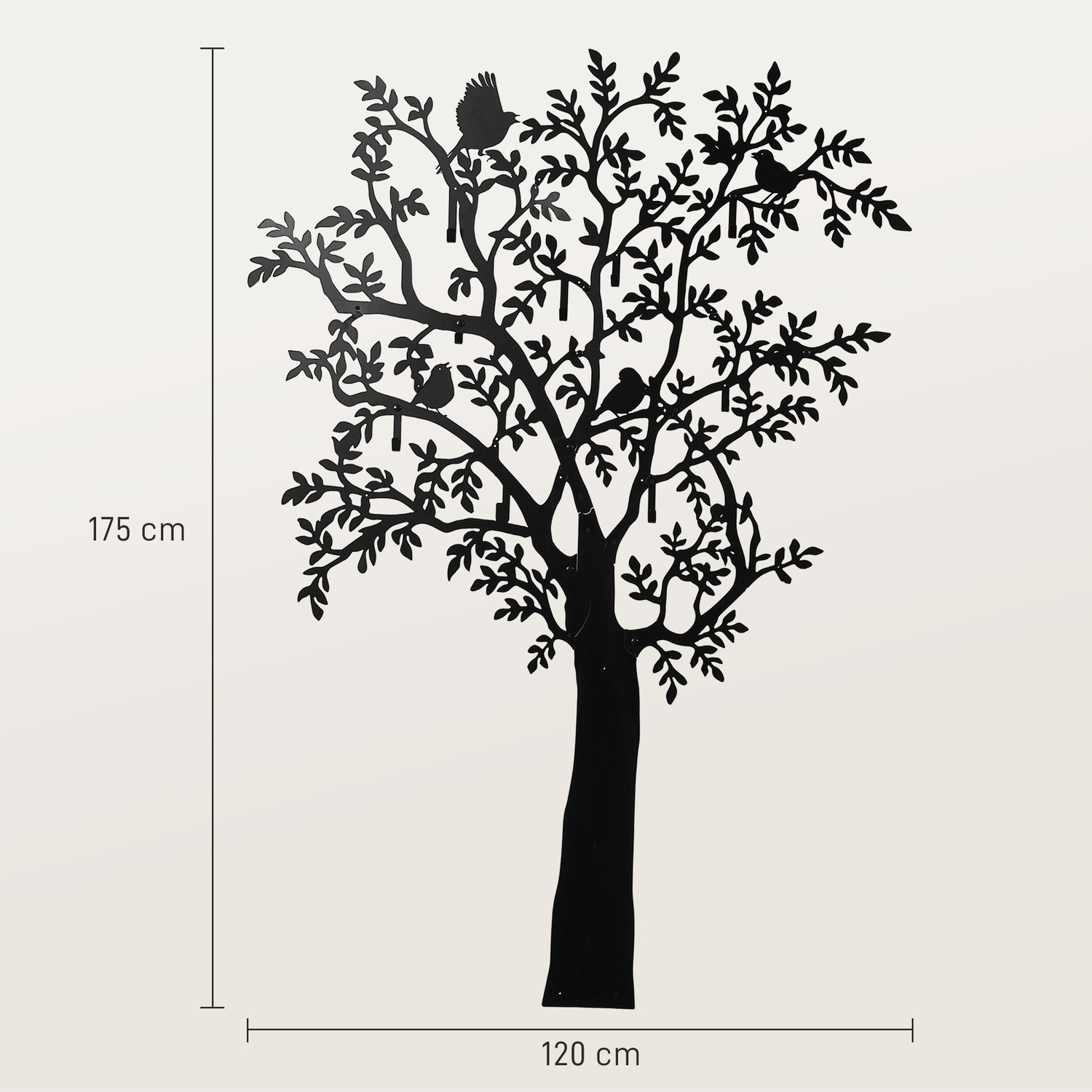 Wall-mounted coat hook, tree design with birds, black