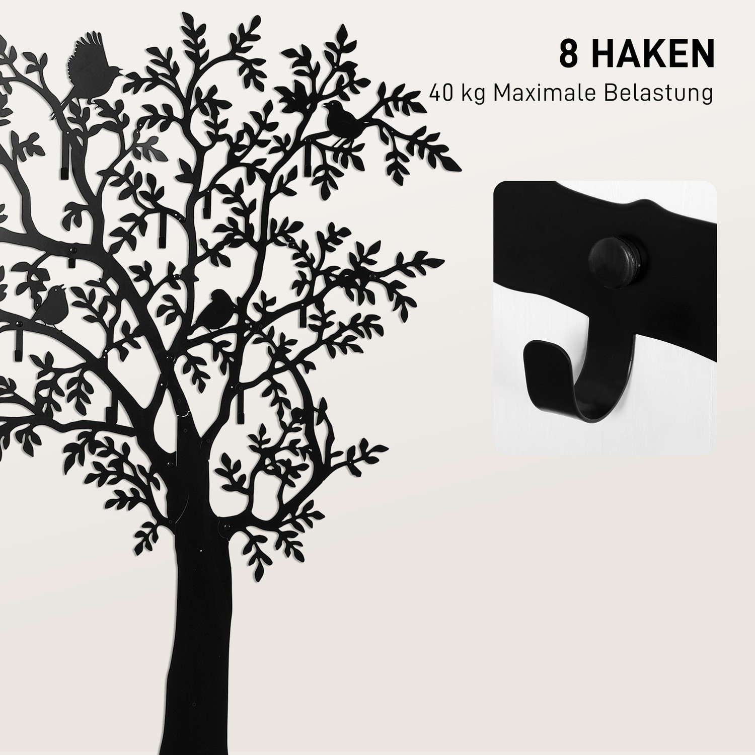 Wall-mounted coat hook, tree design with birds, black