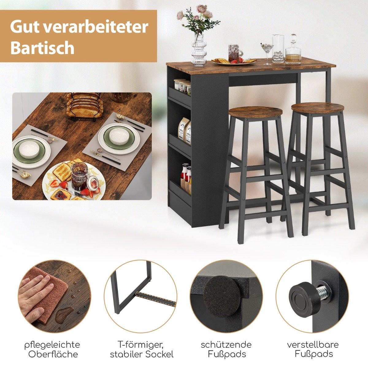 Kitchen table with 2 stools, space-saving bistro table, counter tab...