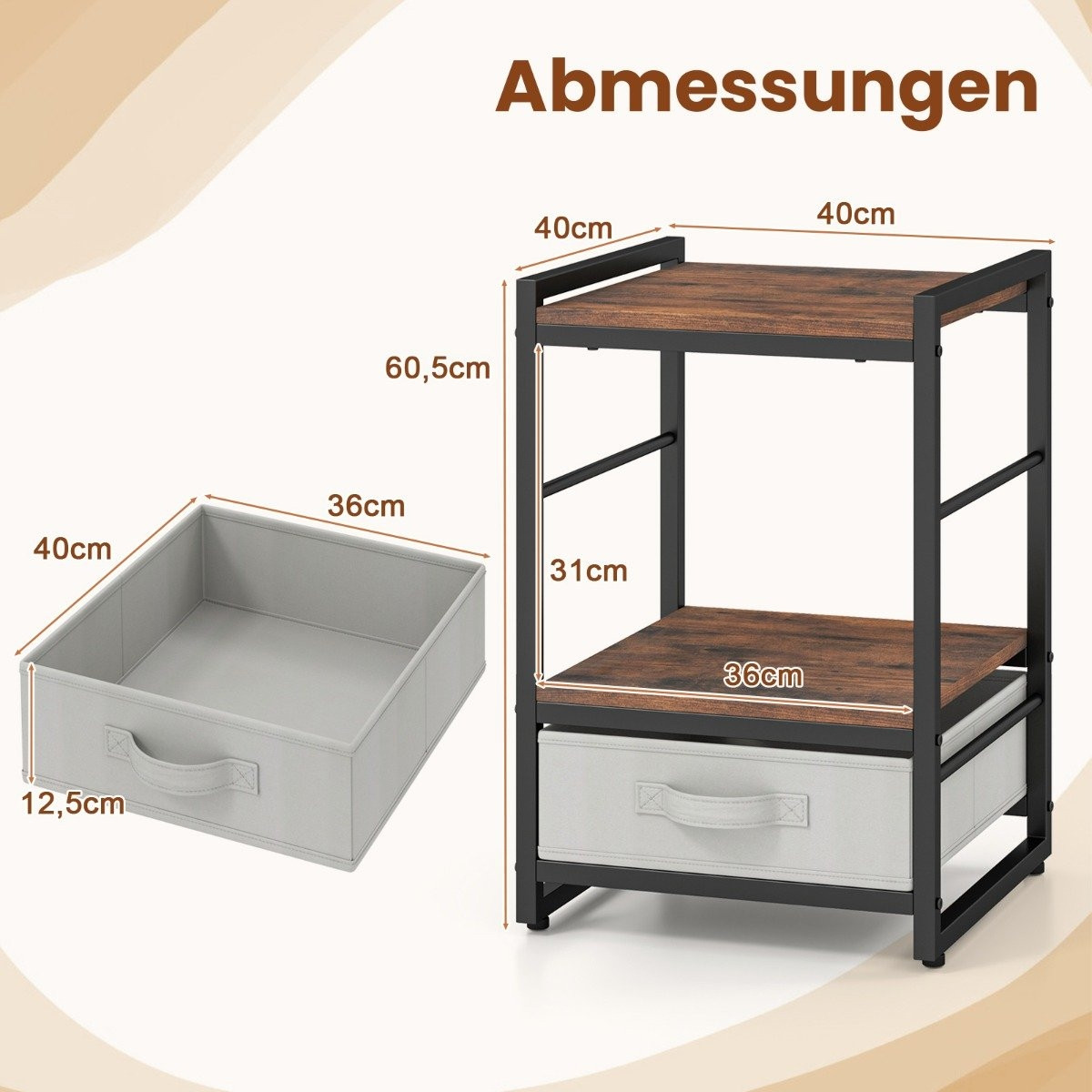 Bedside table with fabric drawer & open storage compartment, side t...