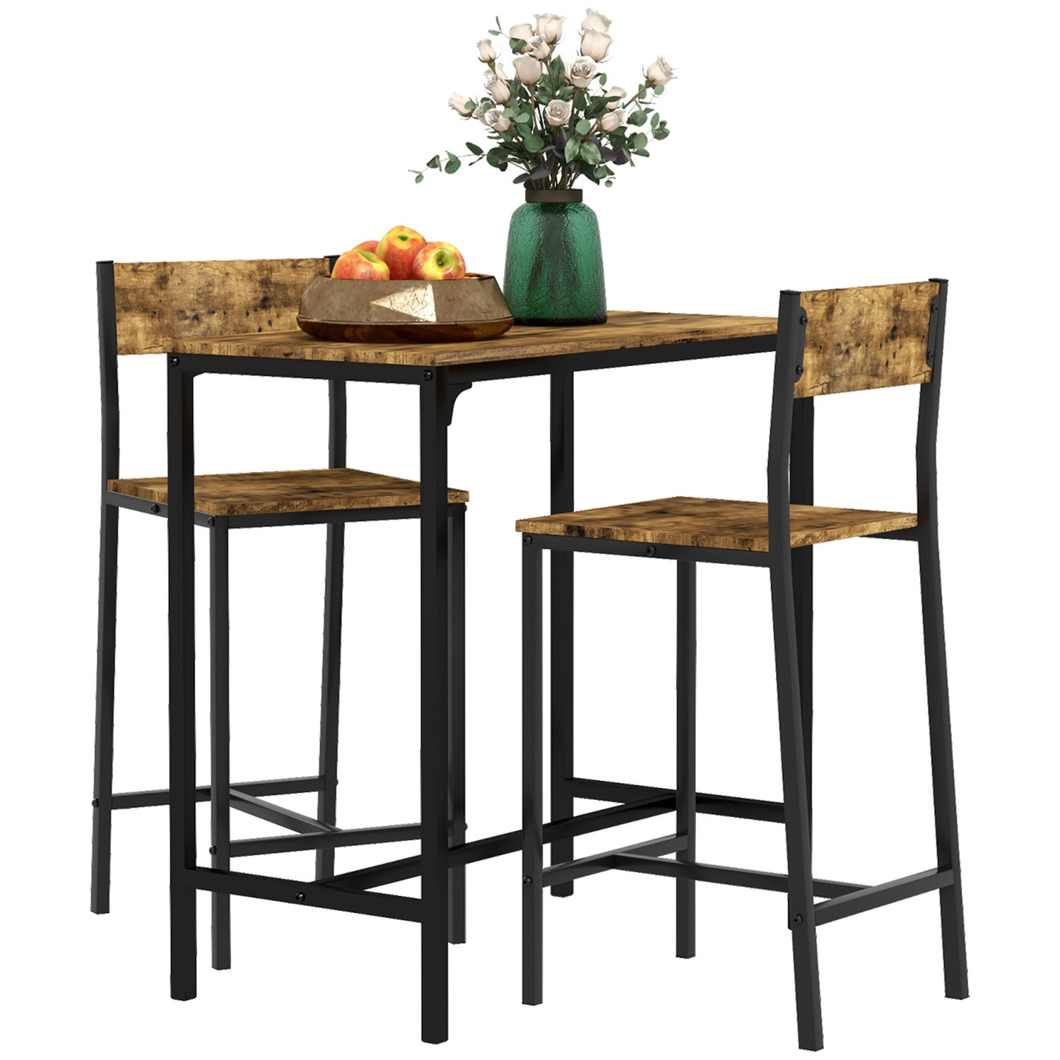 Conjunto de bar com mesa e 2 bancos, MDF e metal, marrom