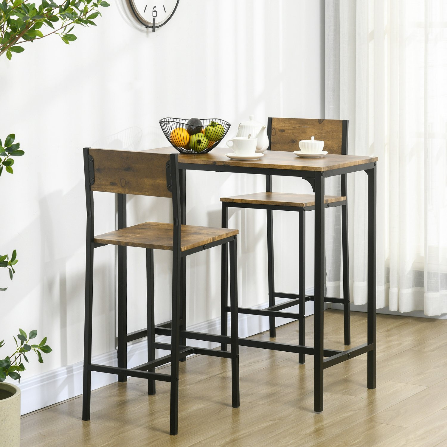 Conjunto de bar com mesa e 2 bancos, MDF e metal, marrom