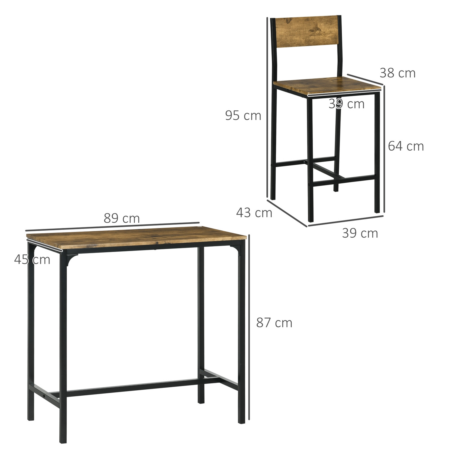 Conjunto de bar com mesa e 2 bancos, MDF e metal, marrom