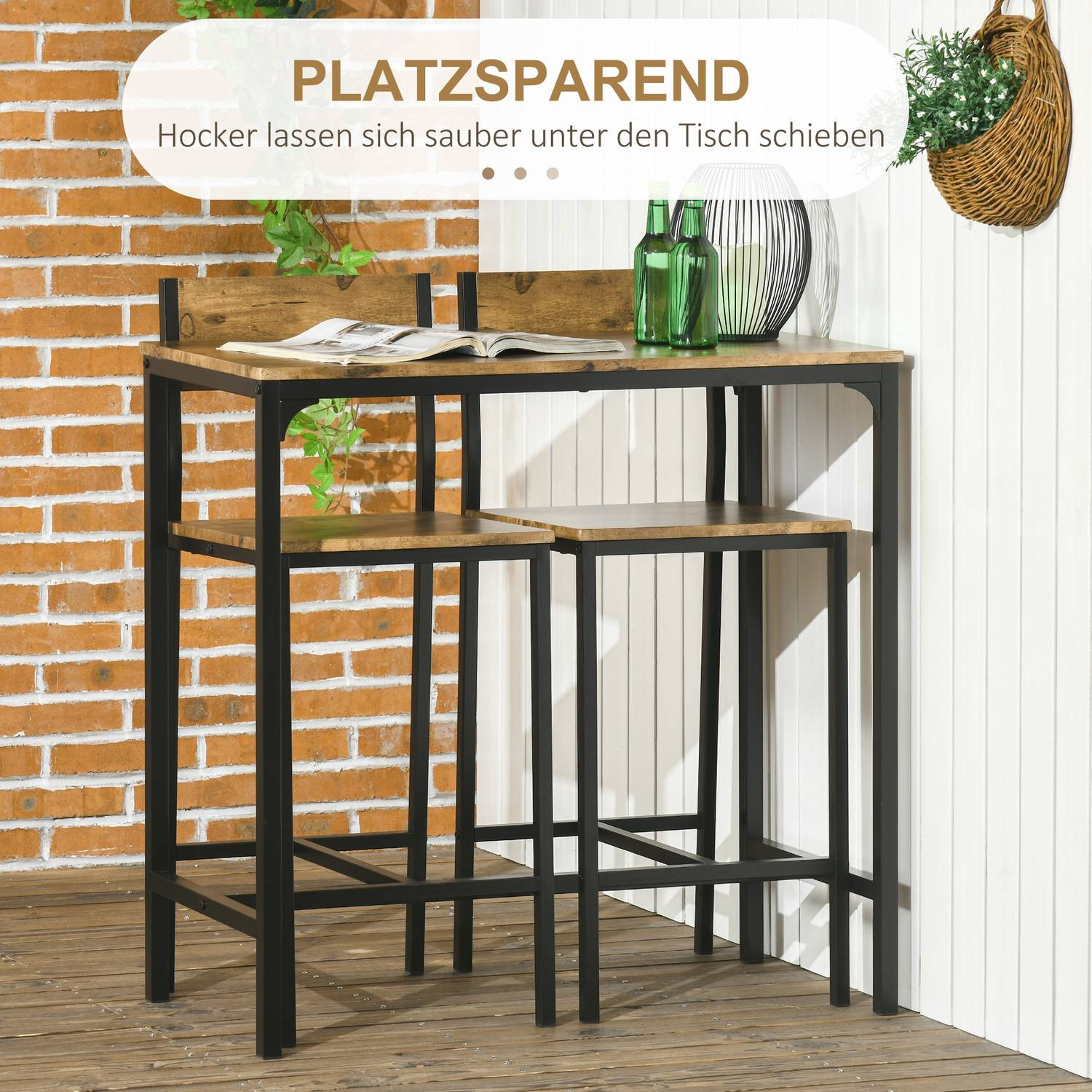 Conjunto de bar com mesa e 2 bancos, MDF e metal, marrom