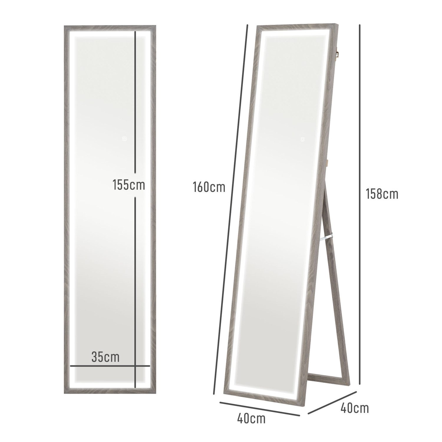 Full-Length LED Mirror, 40x160 cm, Touch Control, Dimmable