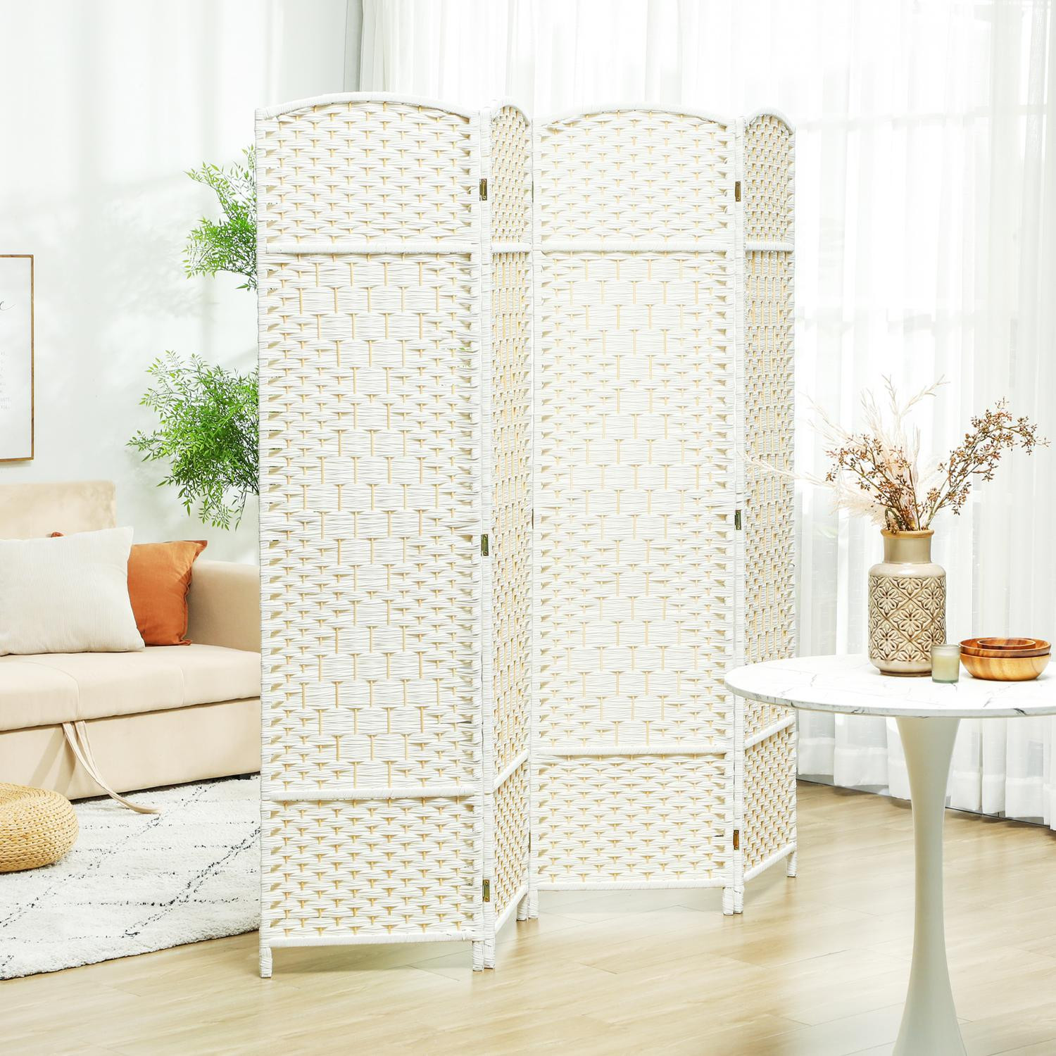 4-Panel Folding Room Divider, White, Polypropylene, Pine