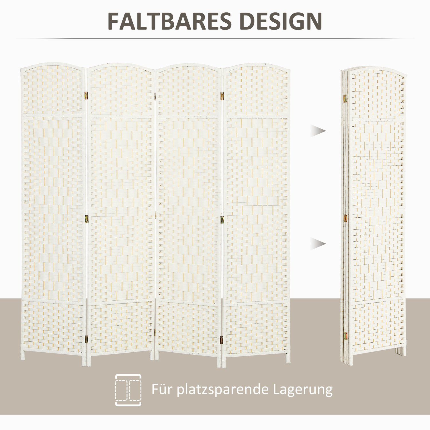 4-Panel Folding Room Divider, White, Polypropylene, Pine
