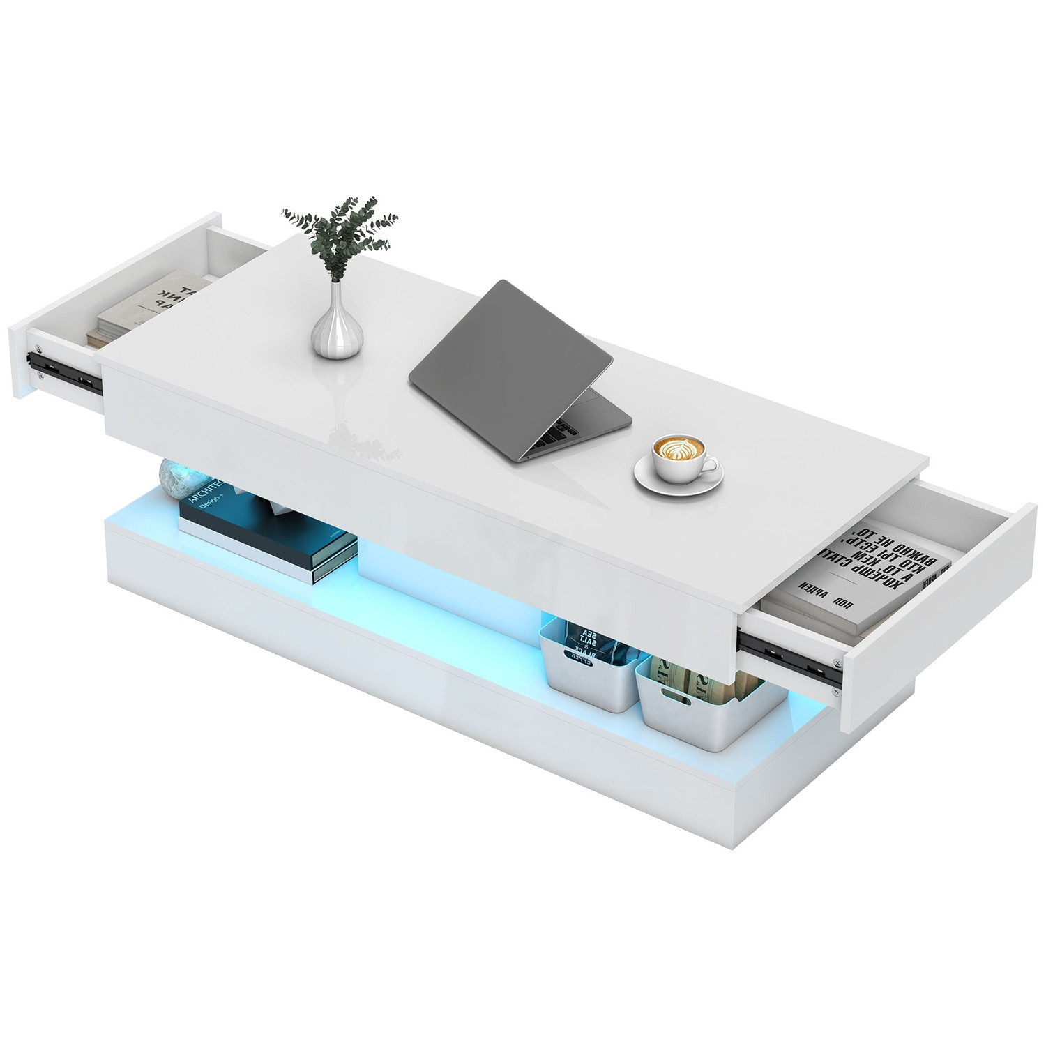 Mesa de Centro com Gavetas e Luzes LED, MDF Branco