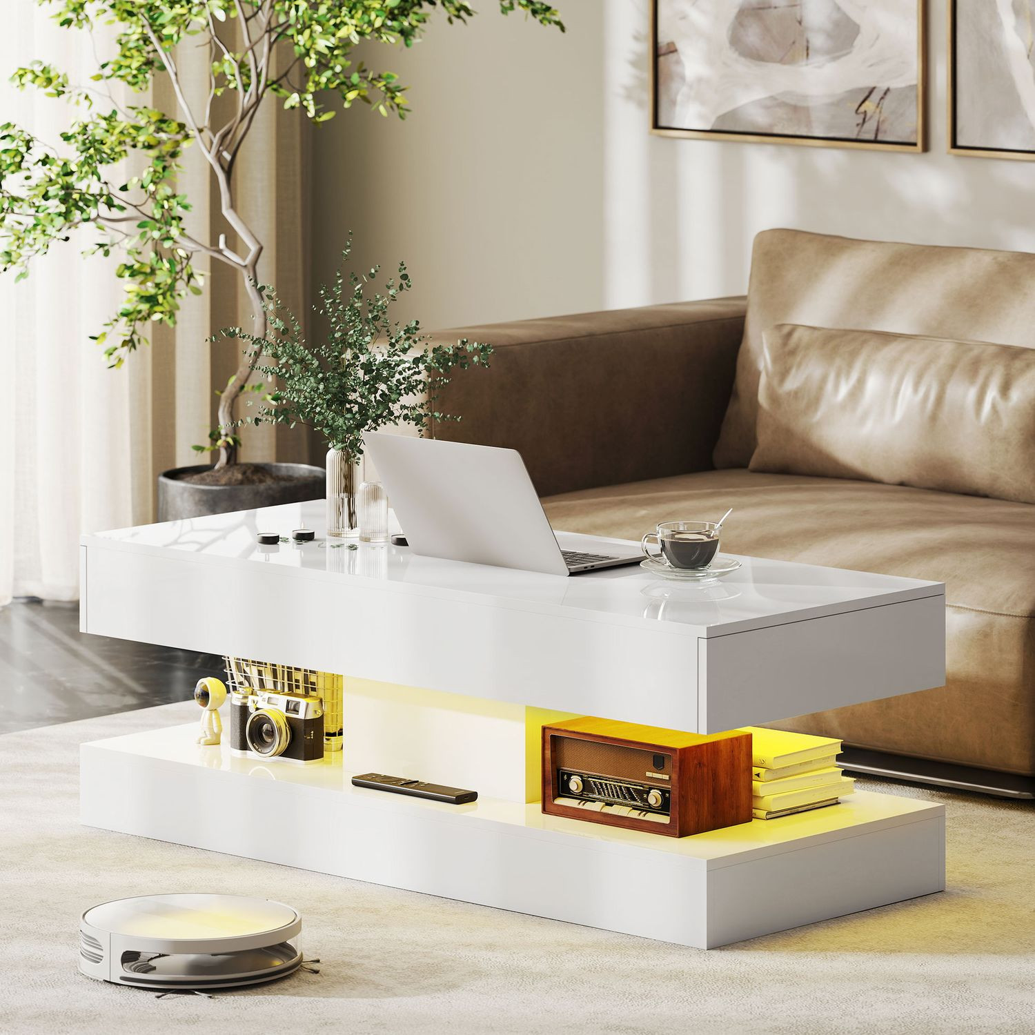 Mesa de Centro com Gavetas e Luzes LED, MDF Branco