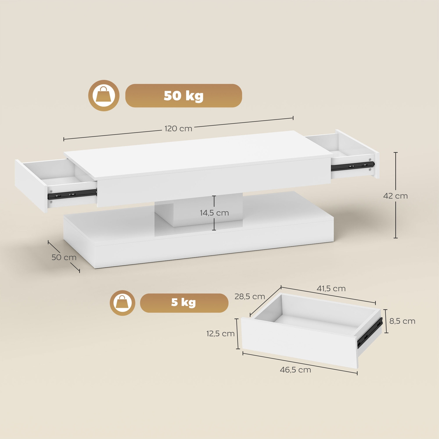 Mesa de Centro com Gavetas e Luzes LED, MDF Branco