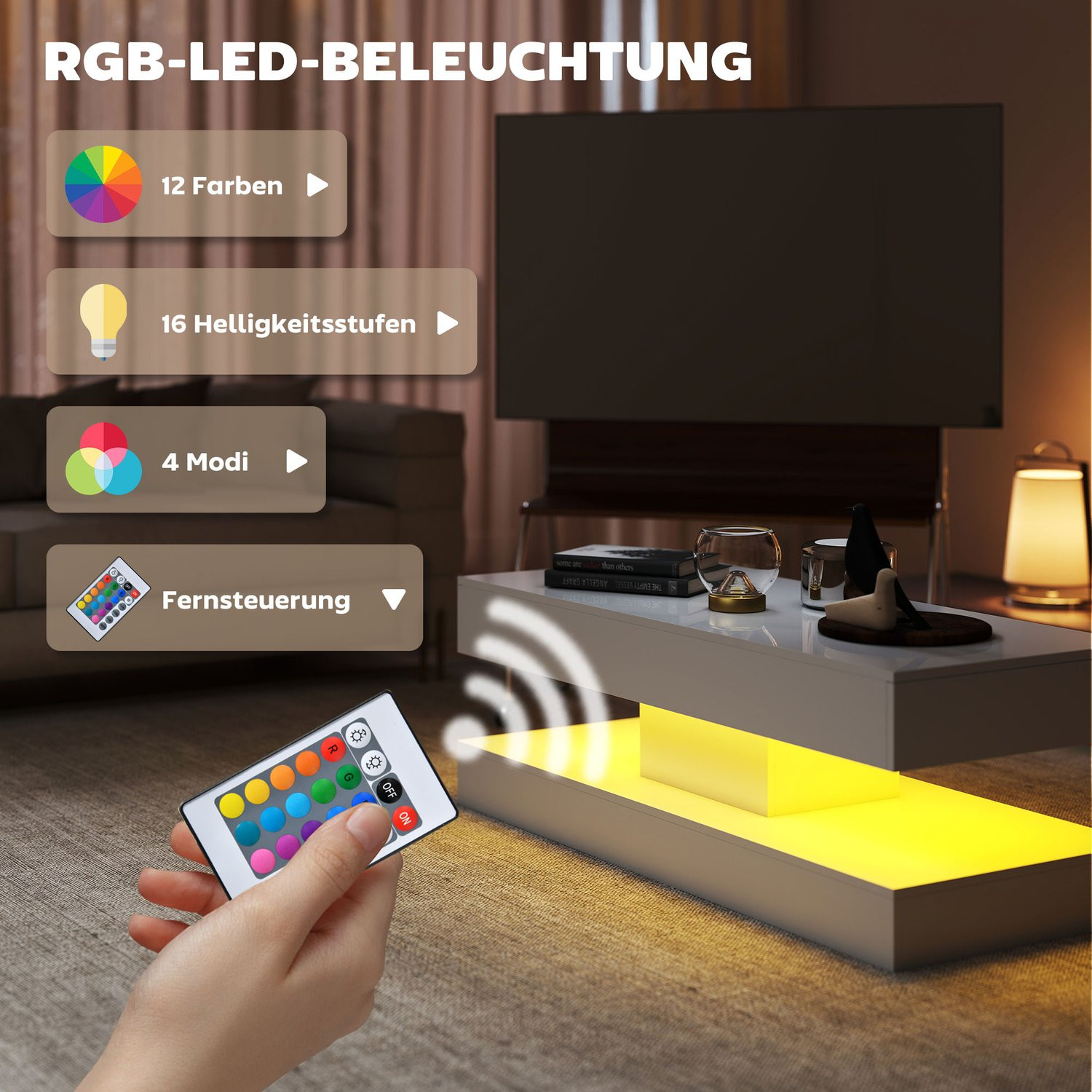 Mesa de Centro com Gavetas e Luzes LED, MDF Branco