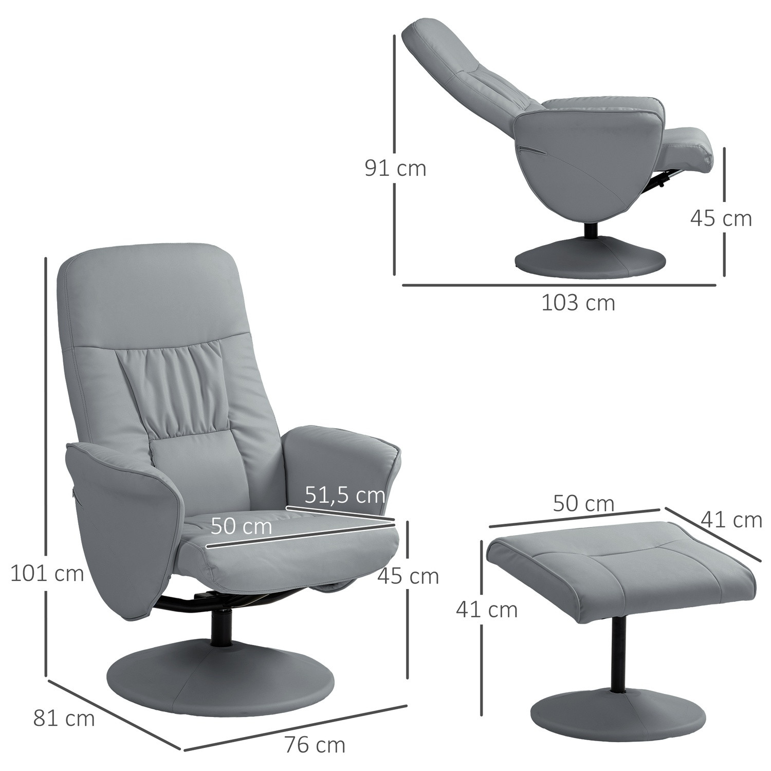 Relaxsessel-Set mit Ottomane, verstellbar, hellgrau