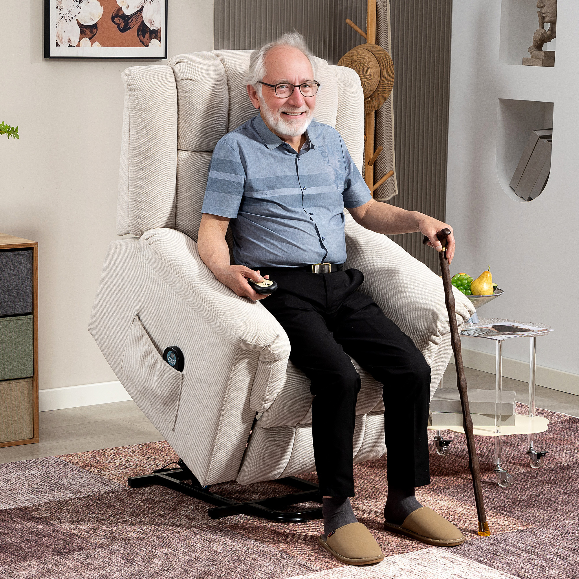 Poltrona elevatória com massagem e aquecimento, tecido chenille bege