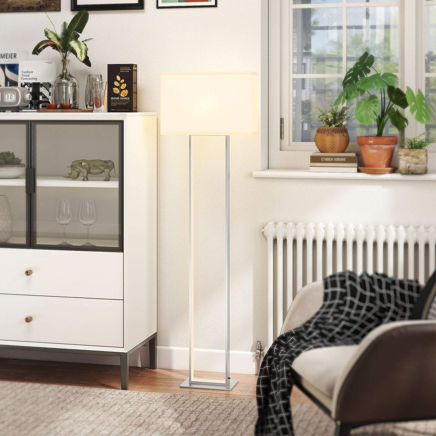 Moderne Stehlampe, Helligkeit einstellbar, Leinenschirm