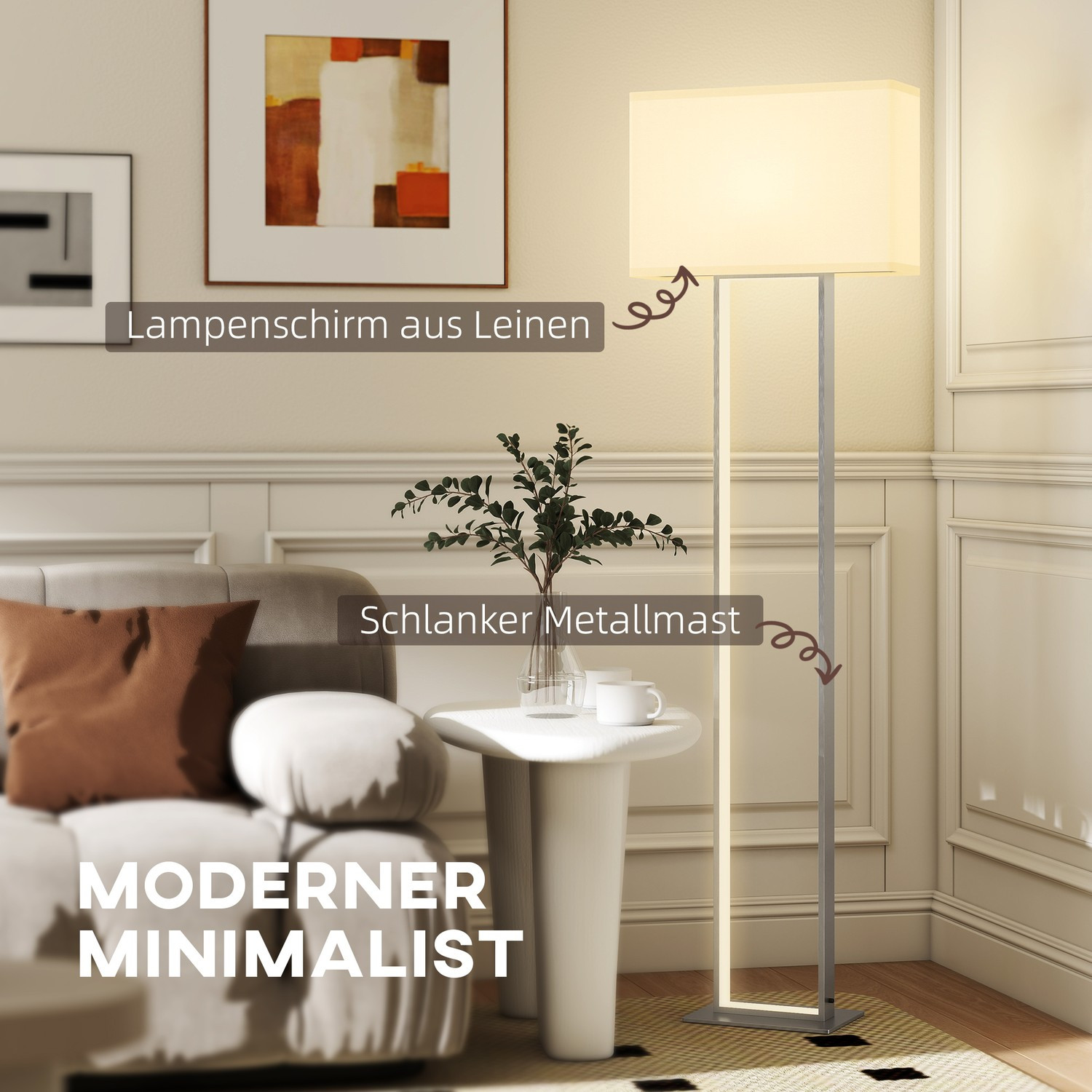 Moderne Stehlampe, Helligkeit einstellbar, Leinenschirm