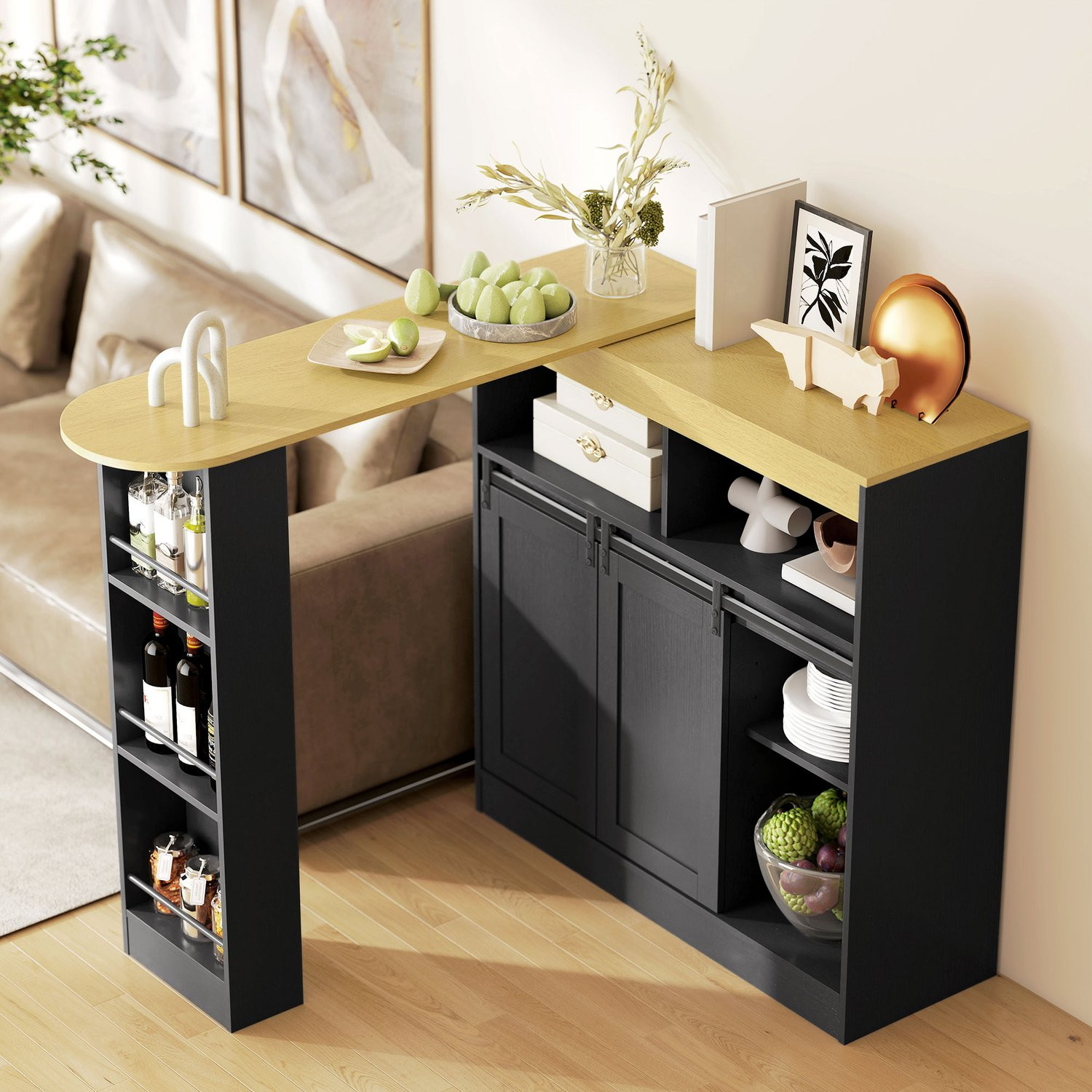 Convertible L-Shaped Bar Table, Black MDF, Ample Storage