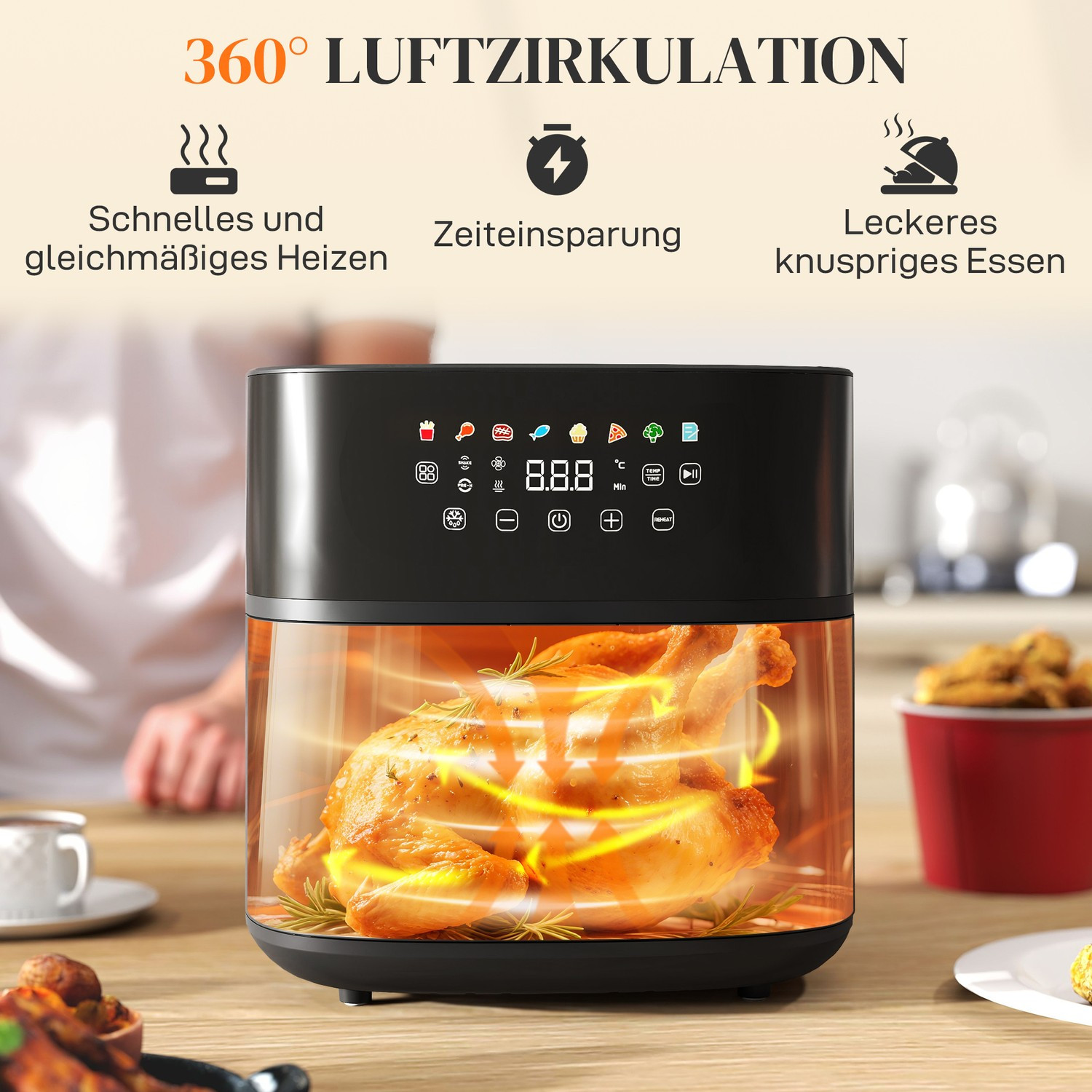 Friggitrice ad aria, 8 l, 8 programmi, schermo LED, nero