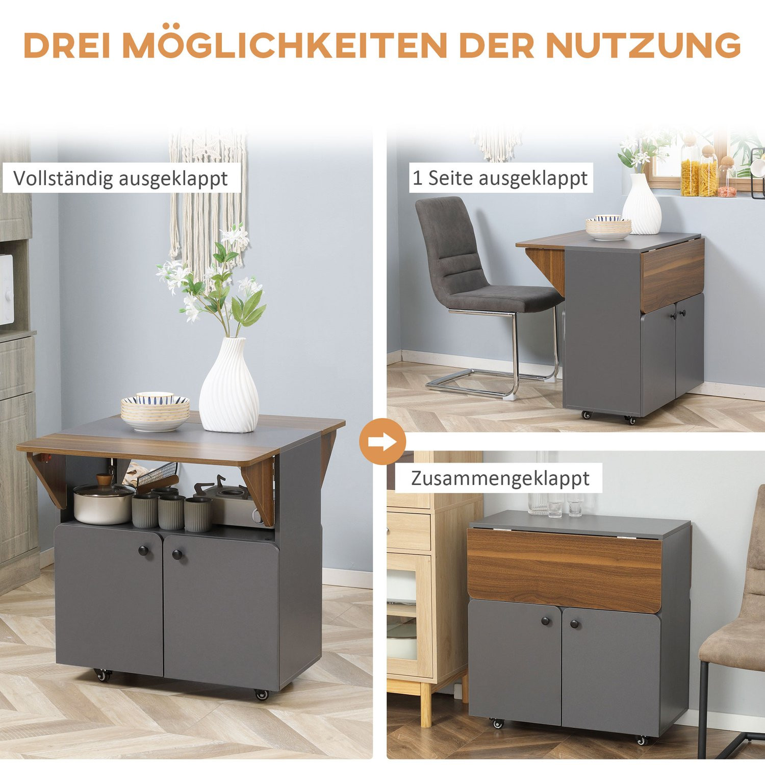 Folding Table with Storage, 4 Wheels, Light Grey/Dark Brown