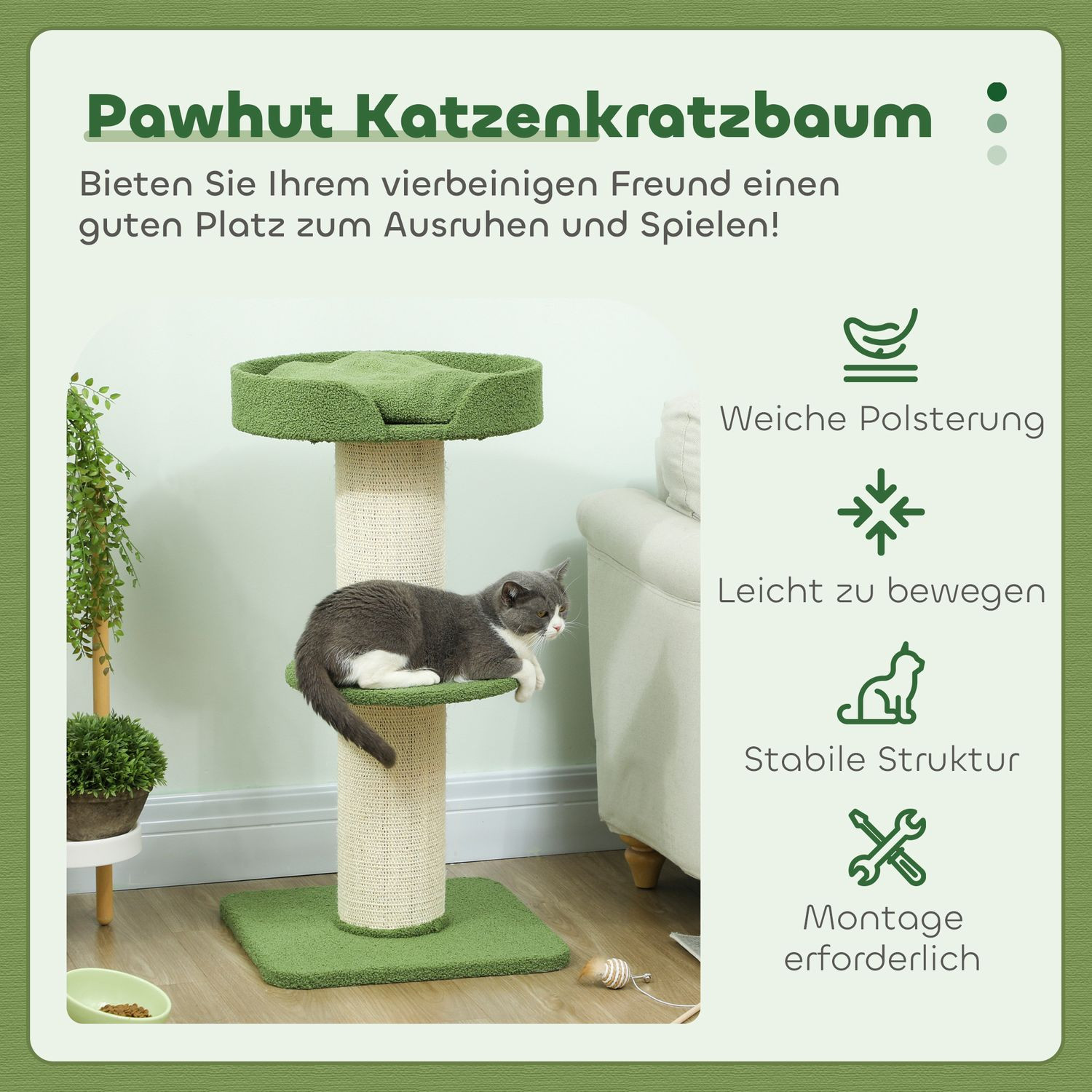 Cat Tree 91cm with Bed, Platforms, Sisal Posts, Green