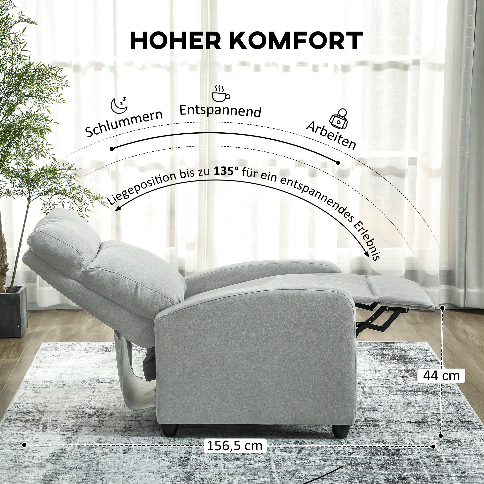 Relaxsessel, 135° verstellbar, Leinen-Polyester, Hellgrau