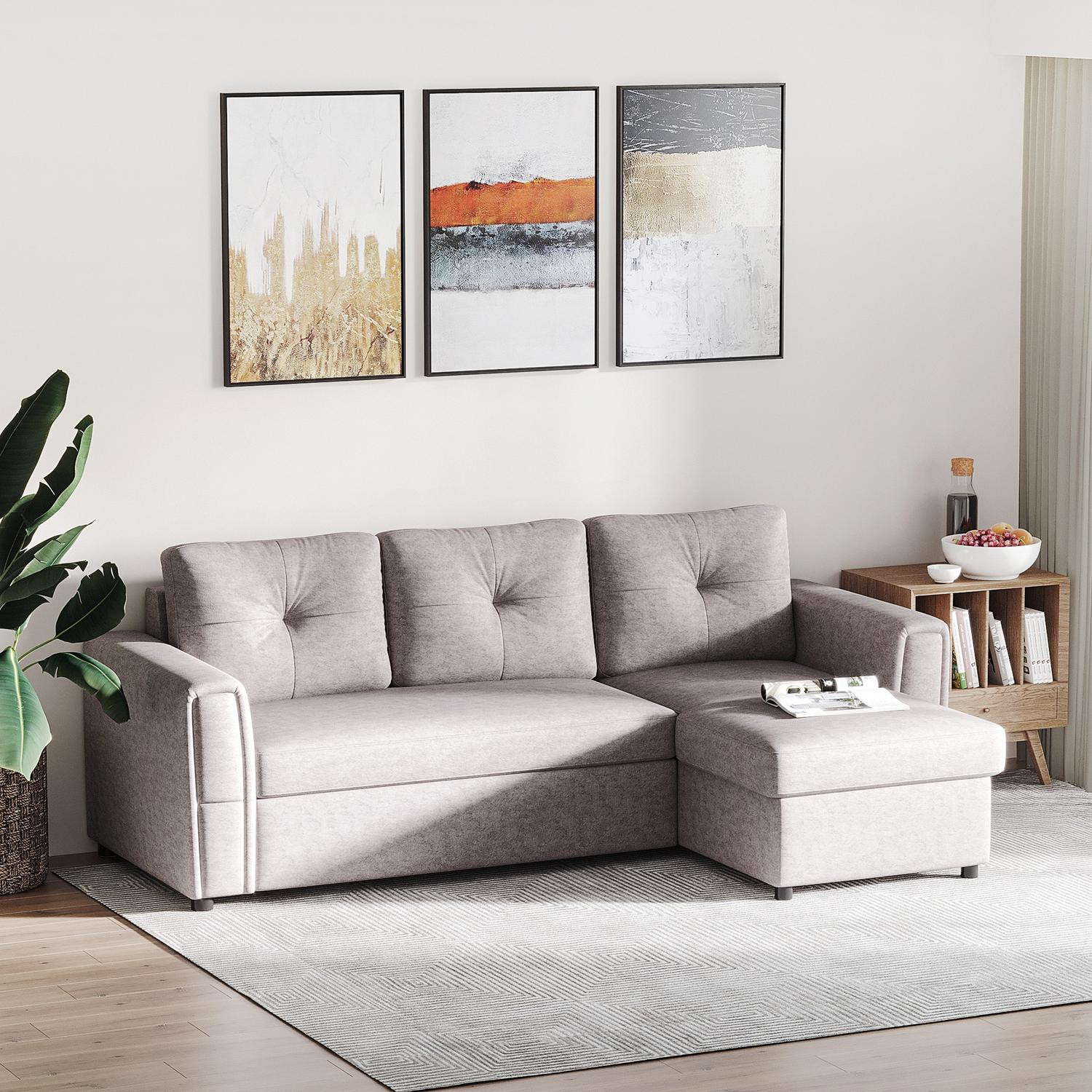 Sofá-cama conversível de 3 lugares com chaise, tecido cinza