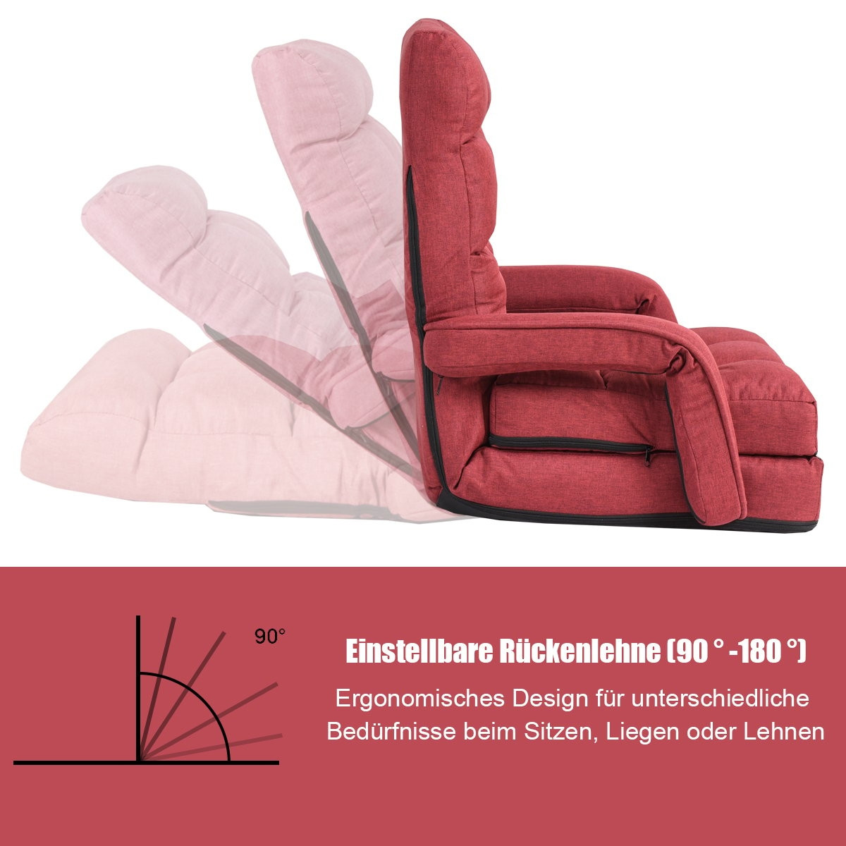 Sofá-cama vermelho conversível com encosto ajustável