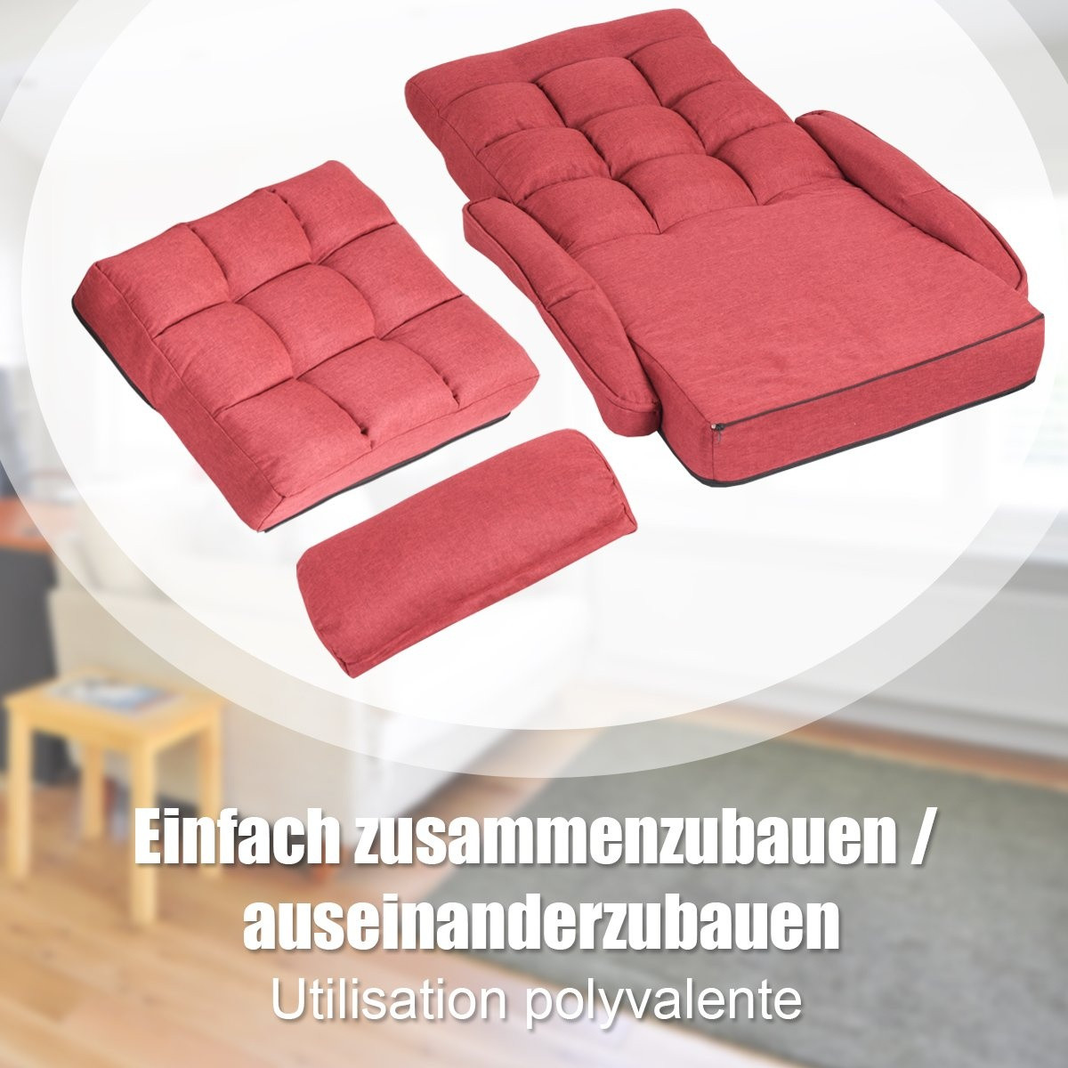 Sofá-cama vermelho conversível com encosto ajustável