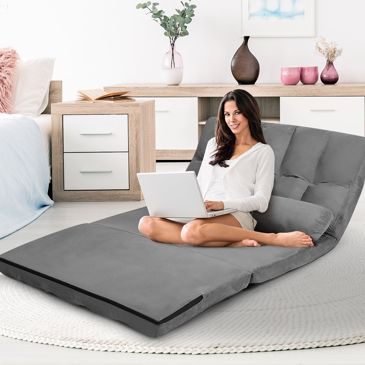 Sofá-cama ajustável de chão com 2 almofadas, cinza