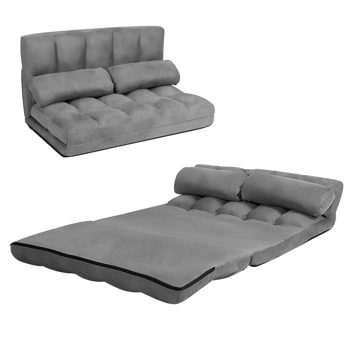 Sofá-cama ajustável de chão com 2 almofadas, cinza