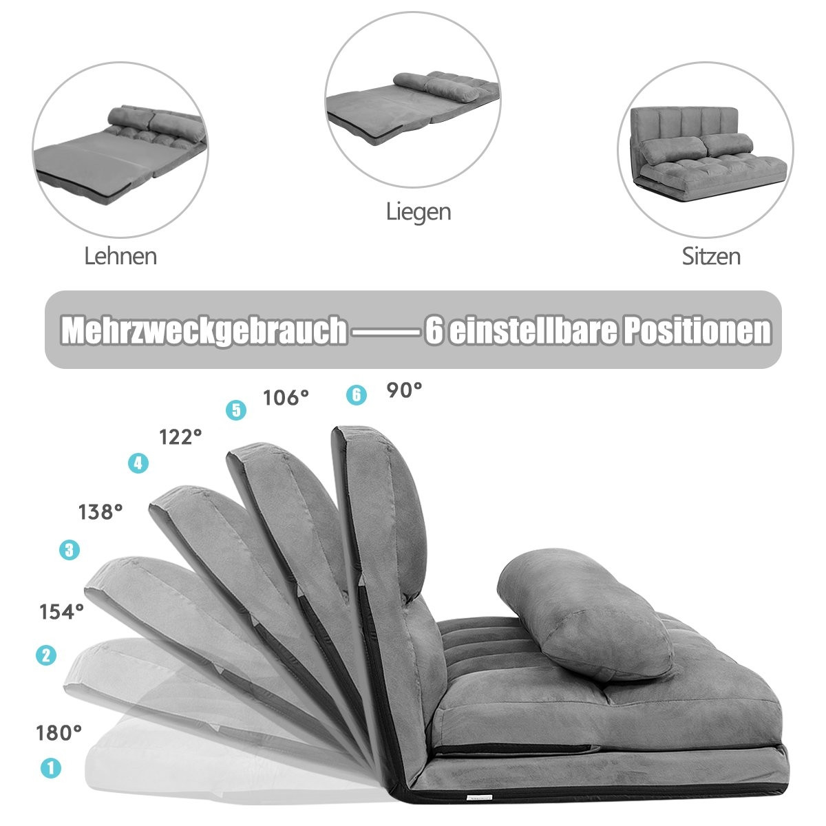 Sofá-cama ajustável de chão com 2 almofadas, cinza