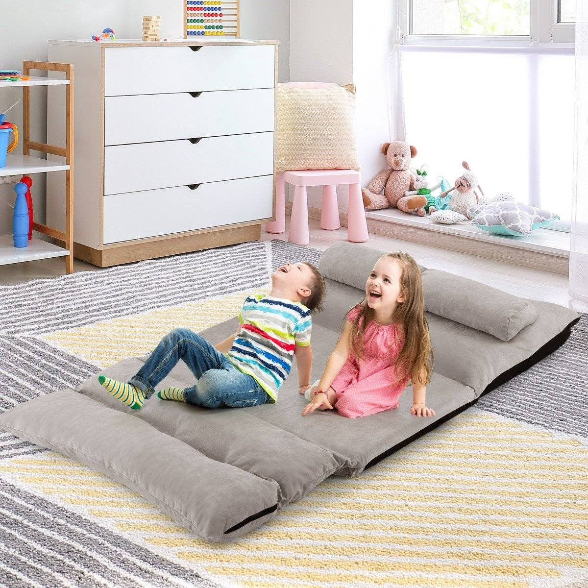 Sofá-cama ajustável 3 em 1 com almofadas, cinza