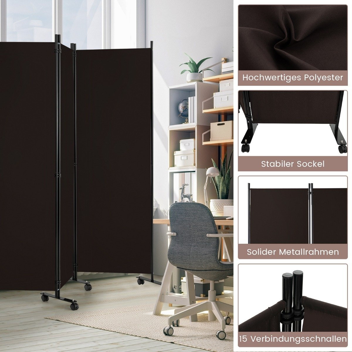 6-Panel Folding Room Divider with Lockable Wheels, Brown