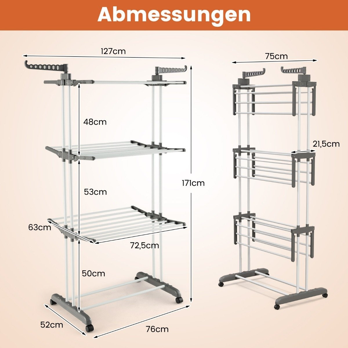 4-Tier Foldable Clothes Drying Rack with Wheels, Grey