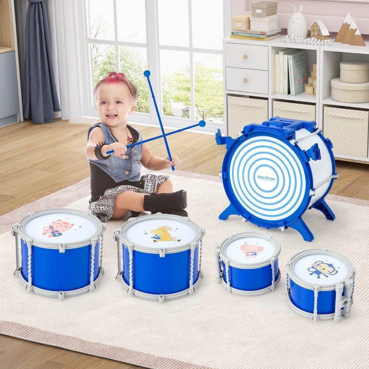 Batteria per bambini con sgabello, supporto e pedale - Blu