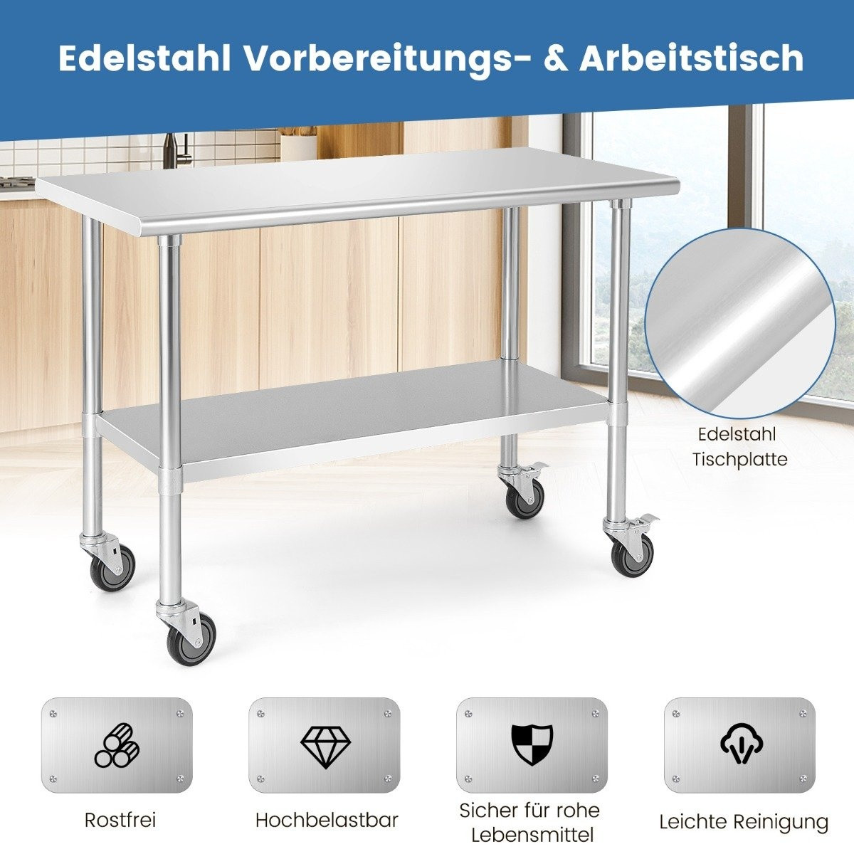 Stainless Steel Work Table with Wheels, Adjustable Shelf