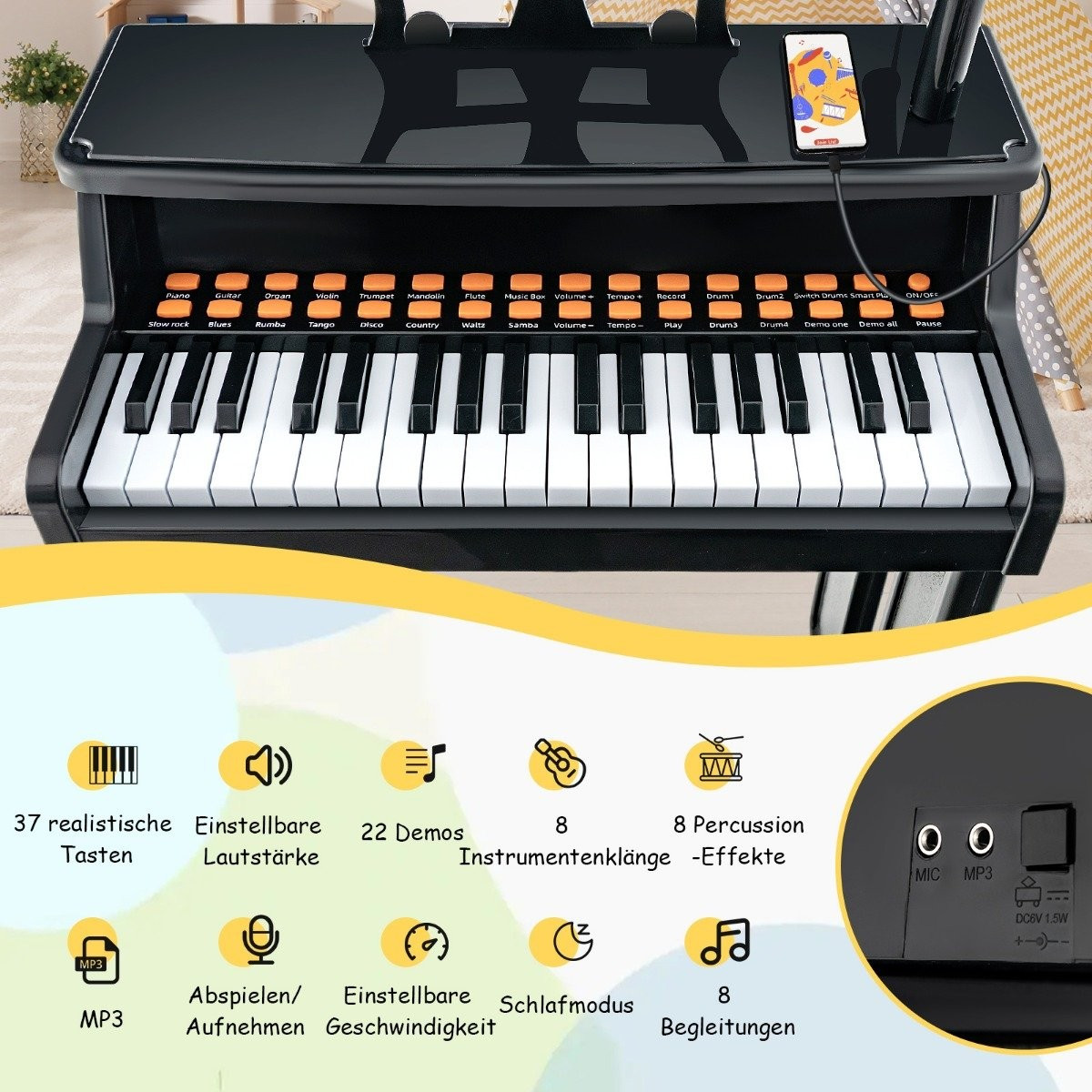 Teclado infantil de 37 teclas com banco e microfone