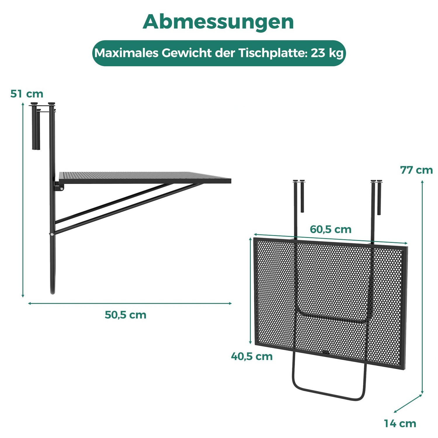 Foldable Balcony Table – Metal Hanging Table, Black