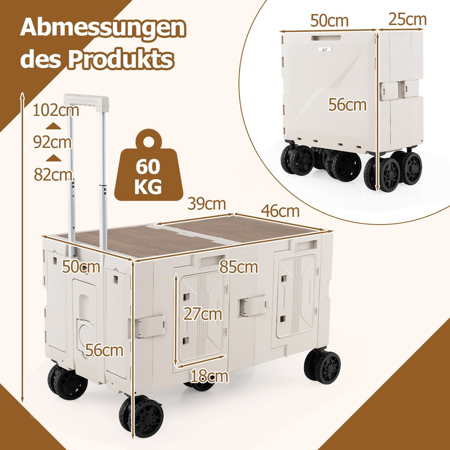 Foldable Handcart with Tabletop, 2 Storage Boxes, Adjustable Handle