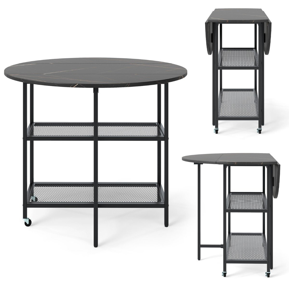 Foldable Dining Table, Marble Look, Seats 2-4, Black