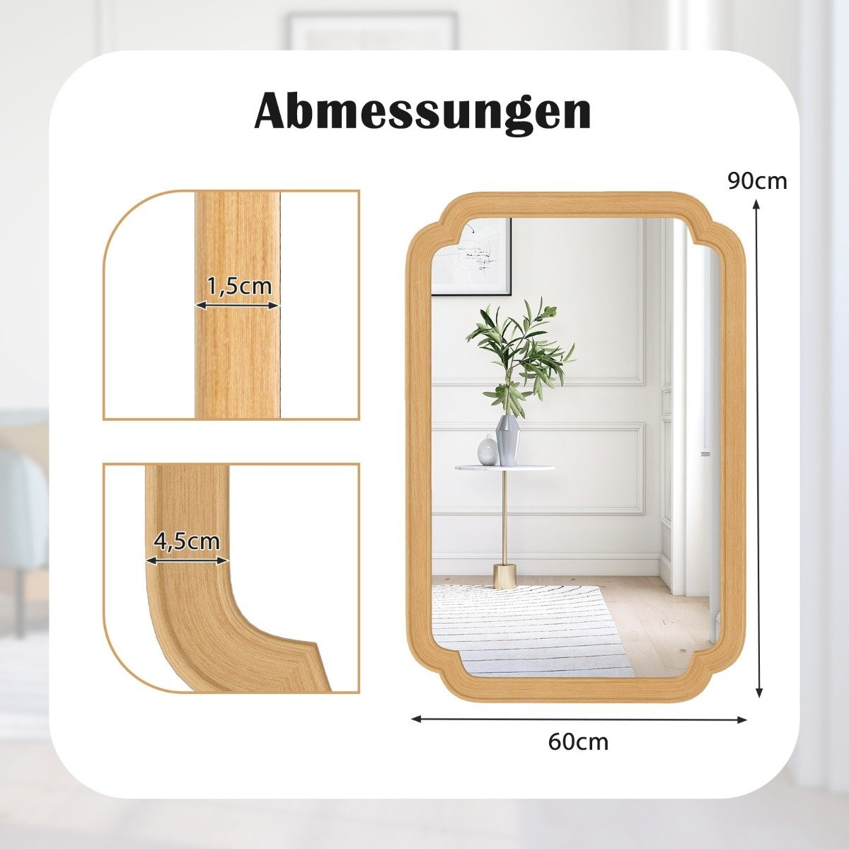 Rectangular Wall Mirror with Wood Frame, 90x60 cm