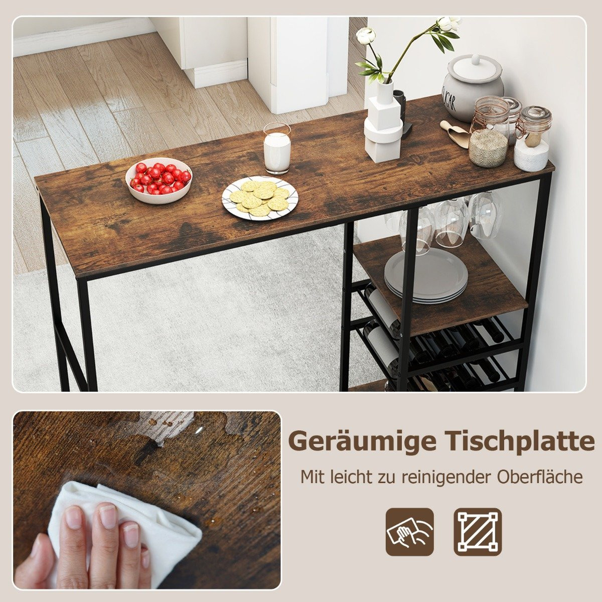 Küchenbartisch mit Regalen, Weinregalen, Glashaltern