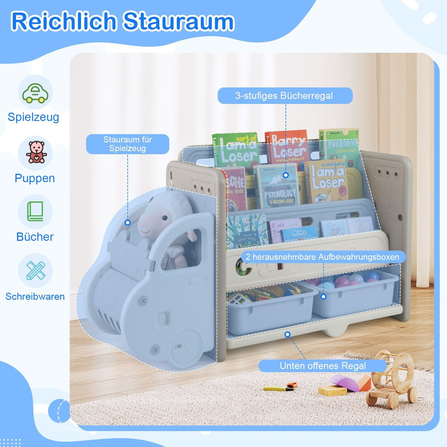Libreria per bambini con 4 ripiani e 2 contenitori
