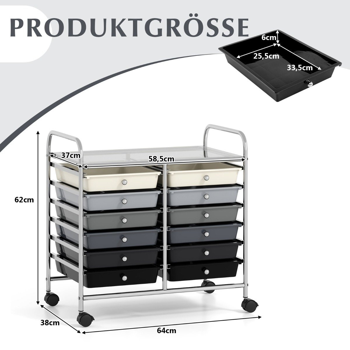 Mobile Storage Cart with 12 Stackable Drawers, Black